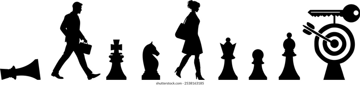 Vector silhouettes Man and woman on the way to the key - Goal: The key to happiness - Tactics and strategy with chess pieces - Business and society