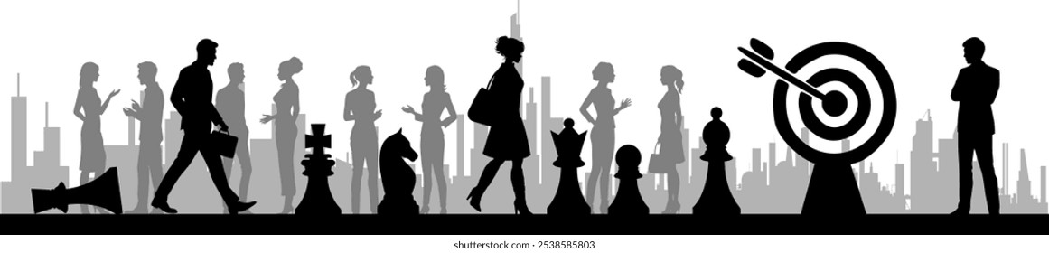 Vector silhouettes man and woman on the way to the goal - Tactics and strategy with chess pieces - Business and society