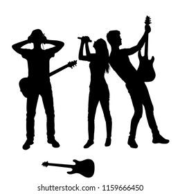 Vector silhouettes of man and woman playing music on the guitar and sing, standing, black color, isolated on white background