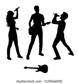 Vector silhouettes of man and woman playing music on the guitar and sing, standing, black color, isolated on white background