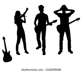 Vector silhouettes of man and woman playing music on the guitar and sing, standing, black color, isolated on white background