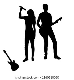 Vector silhouettes of man and woman playing music on the guitar and sing, group, standing, black color, isolated on white background