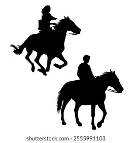 Vector silhouettes of a man and woman riding a horses, different poses, black color, isolated on a white background