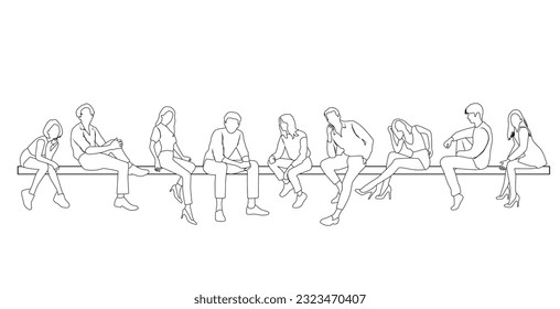 Vector silhouettes of a man and a woman sitting on a bench, linear sketch, a group of business people, black color on a white background