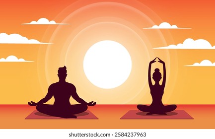 Vector silhouettes of man and woman sitting and doing yoga. Bright white glowing sun with circles, white clouds. Cartoon light nature. Calmness and meditation. June 21 is International Yoga Day