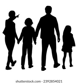 Vector silhouettes of a man, woman, son and daughter, family on a walk, group of walking
 people, adults and children, back view, profile, black color isolated on white background