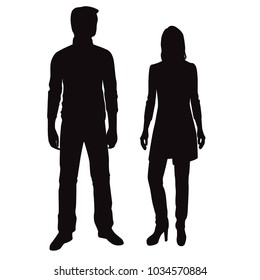 Vector silhouettes of man and woman standing, business people, couple,  black color, isolated on white background