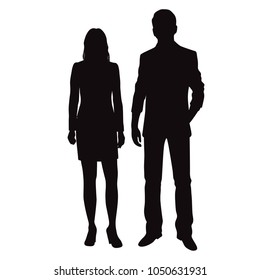 Vector silhouettes man and woman standing, business,  people, couple, black color, isolated on white background