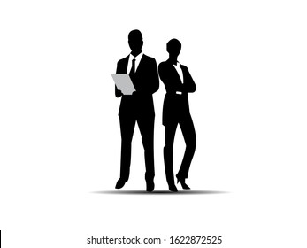 Vector silhouettes of man and woman standing, business team, couple, black color, isolated on white background.Vector illustration EPS 10.