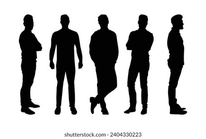 Vector silhouettes of man and woman standing, business people, couple, black color, isolated on white background	