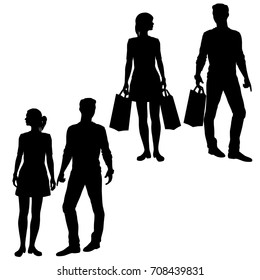 Vector silhouettes man and woman, standing with shopping bags, black color, isolated on white background