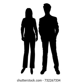 Vector Silhouettes Of Man And Woman Standing, Businessman, Couple, Black Color, Isolated On White Background