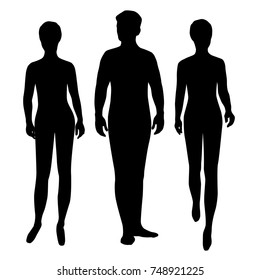 Vector silhouettes of man and woman standing,  black color, isolated on white background