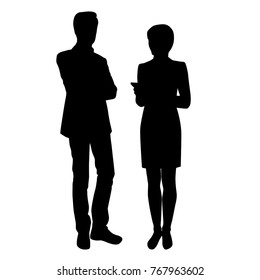 Vector silhouettes of man and woman standing, business people, couple,  black color, isolated on white background