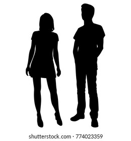 Vector silhouettes of man and woman standing, business group, couple, people,  black color, isolated on white background