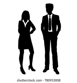 Vector silhouettes of man and woman standing, business people, couple,  black color, isolated on white background