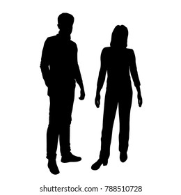 Vector silhouettes of man and woman standing, business people, couple,  black color, isolated on white background