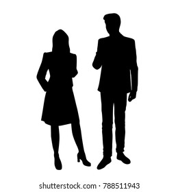 Vector silhouettes of man and woman standing, business people, couple,  black color, isolated on white background