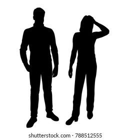 Vector silhouettes of man and woman standing, business people, couple,  black color, isolated on white background