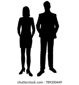 Vector silhouettes of man and woman standing, business people, couple,  black color, isolated on white background