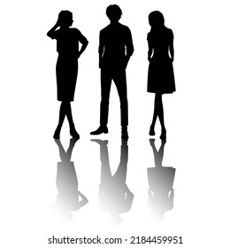 Siluetas vectoriales de un hombre y una mujer, un grupo de pie   gente de negocios, con sombra, color negro aislado en fondo blanco