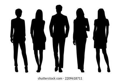 Vector silhouettes of  man and a women, a group of standing   business people, profile, black  color isolated on white background