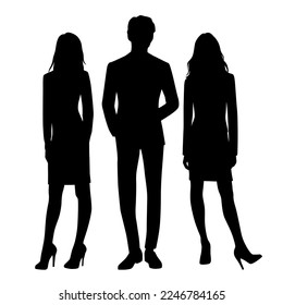 Vector silhouettes of  man and a women, a group of standing   business people, profile, black  color isolated on white background