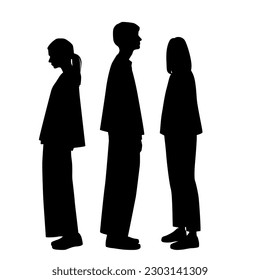 Vector silhouettes of  man and a women, a group of standing   business people, profile, black  color isolated on white background