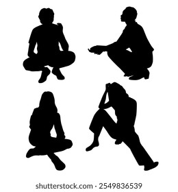 Vector silhouettes of  man and a women, a group of sitting   business people, profile, black  color isolated on white background