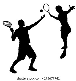 Vector silhouettes man and women playing tennis.