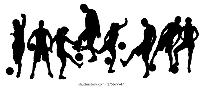 Vector silhouettes man and women playing football.