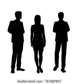 Vector silhouettes of man and women standing, business people group,  black color, isolated on white background