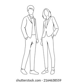 Vector silhouettes of  man and a womn, a couple of standing  business people,  linear sketch, black and white color isolated on white background