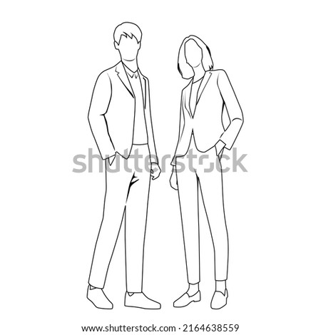 Vector silhouettes of  man and a womn, a couple of standing  business people,  linear sketch, black and white color isolated on white background