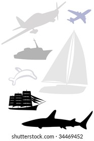 Vector silhouettes of marine  and transport objects.
