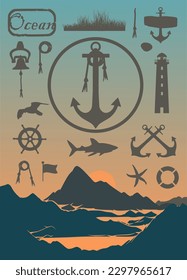 Vector silhouettes: Maritime set with mountain landscape and coast - waters