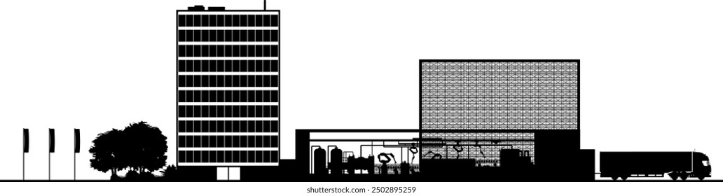 Vector silhouettes medium-sized companies - departments with office buildings - warehouse - production - logistics goods transportation and intralogistics machinery and equipment
