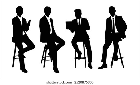 Vector silhouettes of men, Business Man Pose Male Sit Down, profile, black color isolated on white background. Perfect for Logo, Design, and More.