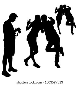 Vector silhouettes of men with a camera are standing sideways, a girl and a guy are posing, a girl is waving a friendly hand, the boy has extended his hand, the sign is super, excellent