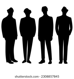 Vector silhouettes of men, group of business people standing and walking, black color isolated on white background