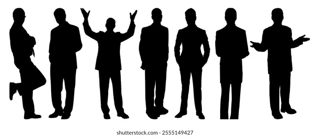 Vector silhouettes of men, group of business people standing, black color isolated on white background, logo, icon