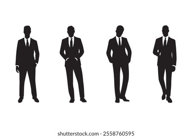 Vector silhouettes of men, group of business people standing, isolated on white background