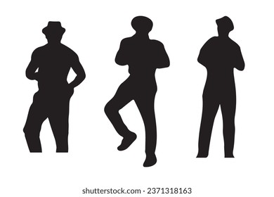 Vector silhouettes of men, a group of model standing and walking , dancing people, black color isolated on white background