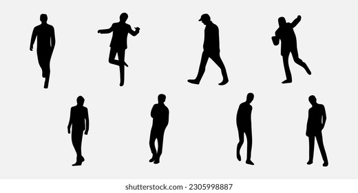 Vector silhouettes of men, a group of standing and walking people, black color isolated on white background