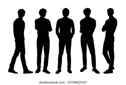 Vector silhouettes of  men, group, standing, businessmen, profile, black color, isolated on white background