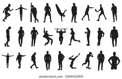 Vector silhouettes of men, a group of standing and walking business people, black color isolated on white background