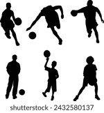Vector silhouettes of men and a kids, a group of basketball athelete, black color isolated on white background