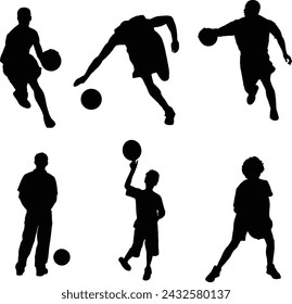 Vector silhouettes of men and a kids, a group of basketball athelete, black color isolated on white background