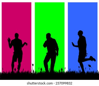 Vector silhouettes of men on a colored background.