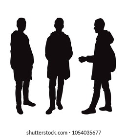 Vector silhouettes of men  standing, business people, outerwear, four, black color, isolated on white background